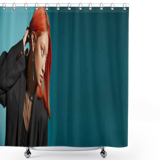 Personality  Asian Woman With Red Hair And Nose Piercing Posing In Oversized Blazer On Blue Backdrop, Banner Shower Curtains