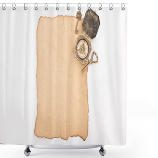 Personality  Top View Of Vintage Keys And Compass On Aged Paper Isolated On White Shower Curtains