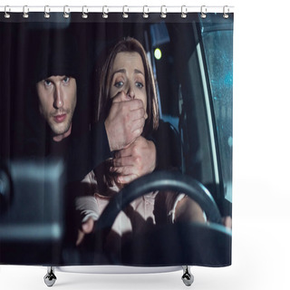 Personality  Thief Covering Mouth Of Scared Woman In Car At Nighttime Shower Curtains