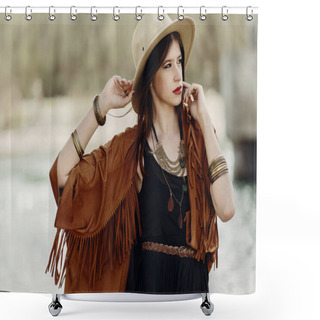 Personality  Woman Posing In Hat Shower Curtains