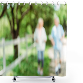 Personality  Blurred View Of Retired Woman Running Near Senior Man In Park  Shower Curtains