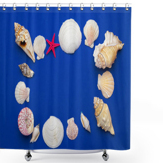 Personality  Shells Background. Frame Of White Seashells, Red Starfish Isolated On Blue Backdrop. Hello Summer Is Coming Concept Shower Curtains