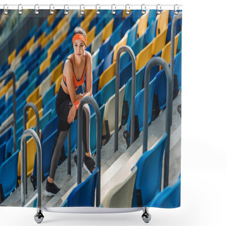 Personality  High Angle View Of Exhausted Fit Woman Relaxing On Stairs At Sports Stadium Shower Curtains