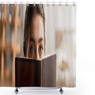 Personality  Woman Obscuring Face While Holding Book And Looking At Camera, Banner Shower Curtains