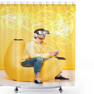 Personality  Excited Man On Bean Bag Chair In Virtual Reality Headset On Yellow With Cyberspace Illustration Shower Curtains
