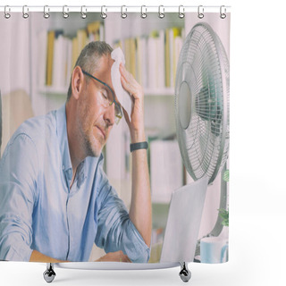 Personality  Man Suffers From Heat While Working In The Office And Tries To Cool Off By The Fan Shower Curtains