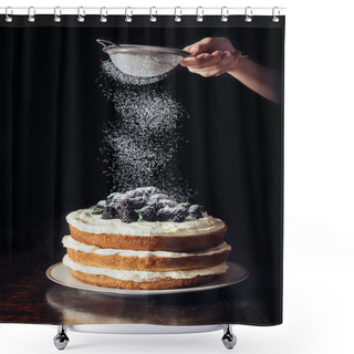 Personality  Cropped Shot Of Woman Spilling Sugar Powder Onto Delicious Blackberry On Black Shower Curtains