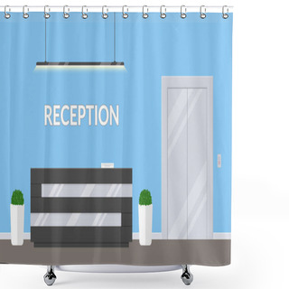 Personality  Reception In Modern Office. Business Office, Clinic Or Hotel Interior In Blue Colors With Elevator And Reception Desk . Interior Lobby Or Waiting Room Inside Building. Shower Curtains