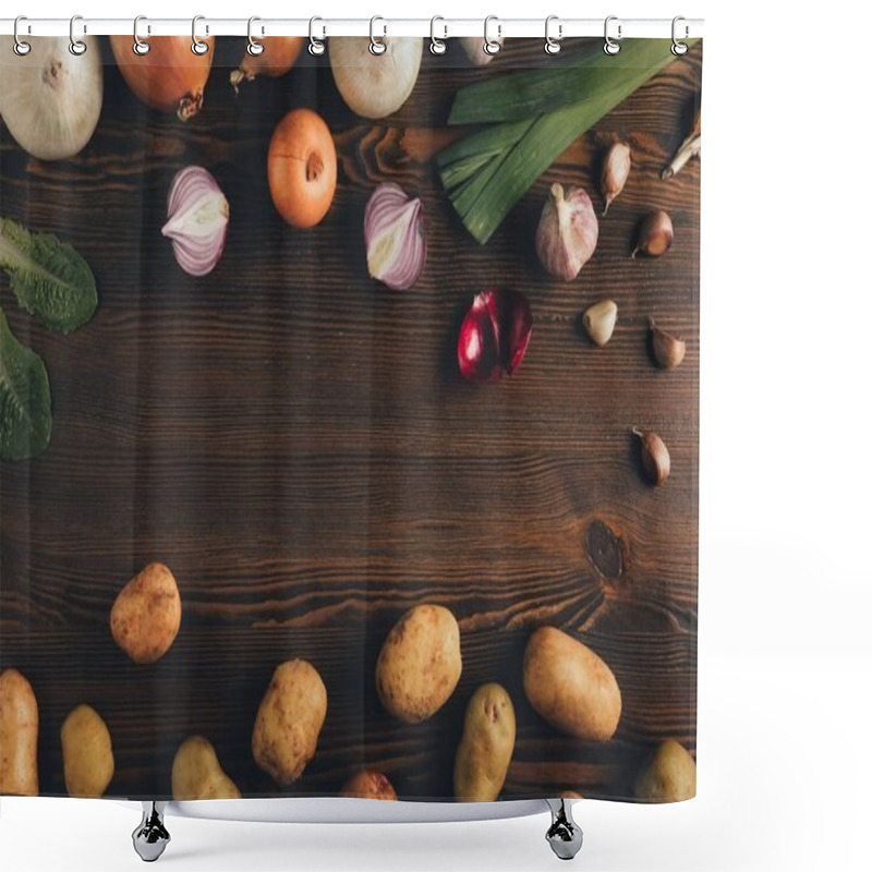 Personality  Potatoes With Onion And Garlic On Table Shower Curtains