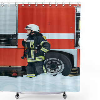 Personality  Female Firefighter In Protective Uniform Standing In Foam On Street With Red Fire Truck Behind Shower Curtains