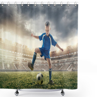 Personality  Young Boy With Soccer Ball Doing Flying Kick At Stadium Shower Curtains