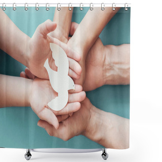 Personality  Adult And Child Hands Holding White Dove Bird On Blue Background Shower Curtains