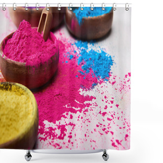 Personality  Wooden Spatula And Bowls With Pink, Blue And Yellow Holi Powder On White Background Shower Curtains