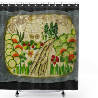 Personality  Flower Foccacia Cooking Focaccia. Raw Focaccia Creatively Decorated With Vegetables On Parchment Paper. Sourdough Dough Shower Curtains