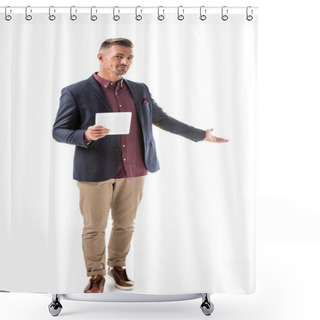 Personality  Handsome Stylish Man In Jacket Holding Digital Tablet And Doing Invite Gesture Isolated On White Shower Curtains