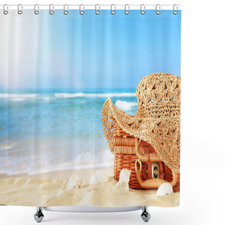 Personality  Beach Fashion Female Hat Over Straw Suitcase In The Sand. Tropic Shower Curtains