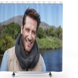 Personality  Happy Casual Man At A Lake Shower Curtains