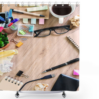 Personality  Messy Table With Blank Note And Tools Shower Curtains