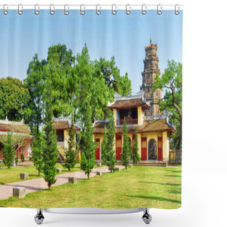 Personality  Scenic View Of Courtyard Of The Pagoda Of The Celestial Lady (Thien Mu Pagoda) In Hue, Vietnam. Phuoc Duyen Tower Is Visible On Blue Sky Background On Summer Sunny Day. Shower Curtains