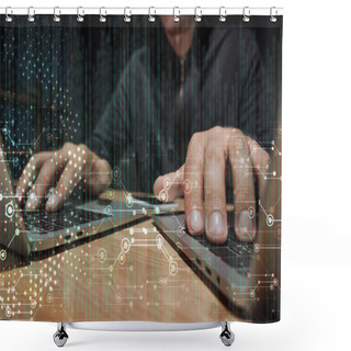 Personality  Partial View Of Hacker Using Laptops At Tabletop With Smartphone, Cyber Security Concept Shower Curtains