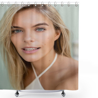 Personality  A Young And Beautiful Blonde Woman With Blue Eyes In Miami, Captured In A Moment Of Serenity And Elegance. Shower Curtains