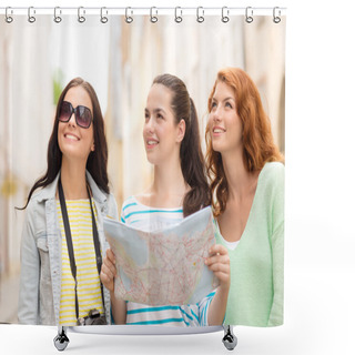 Personality  Smiling Teenage Girls With Map And Camera Shower Curtains