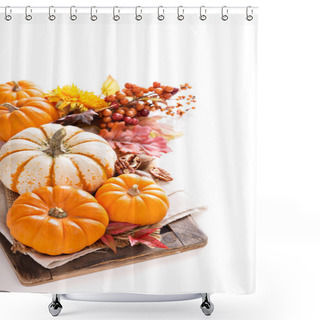 Personality  Pumpkin Still Life Isolated On White Shower Curtains