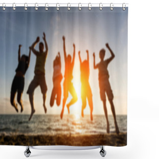 Personality  Group Of People Jumping At Beach, Blurred Background. Shower Curtains