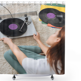 Personality  Selective Focus Of Vintage Record Player Near Girl Sitting On Carpet  Shower Curtains