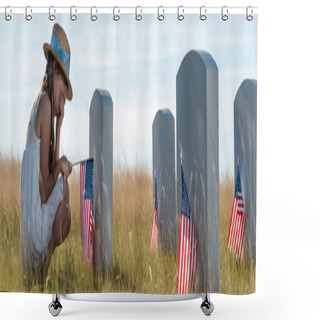 Personality  Panoramic Shot Of Kid In Straw Hat Covering Face While Sitting Near Headstones With American Flags  Shower Curtains