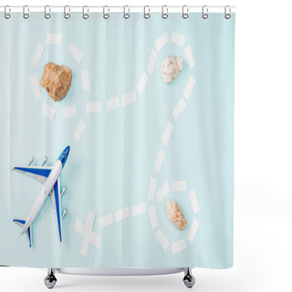 Personality  Top View Of Toy Plane, Dotted Line And Seashells On Blue Background Shower Curtains