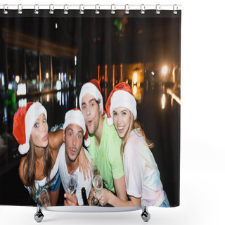 Personality  Friends In Santa Hats Embracing While Holding Champagne And Glasses During Celebration New Year At Night Outdoors  Shower Curtains