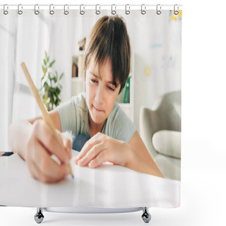 Personality  Kid With Dyslexia Drawing With Pencil And Sitting At Table  Shower Curtains