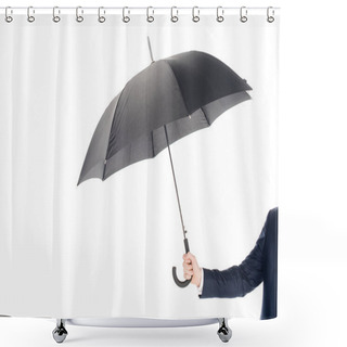 Personality  Cropped View Of Businessman Holding Black Umbrella Isolated On White Shower Curtains