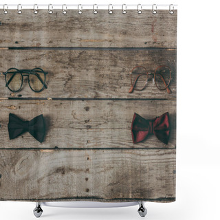 Personality  Stylish Bow Ties And Eyeglasses On Tabletop Shower Curtains