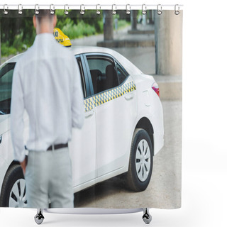 Personality  Back View Of Young Male Driver Going To Taxi Cab On Street Shower Curtains