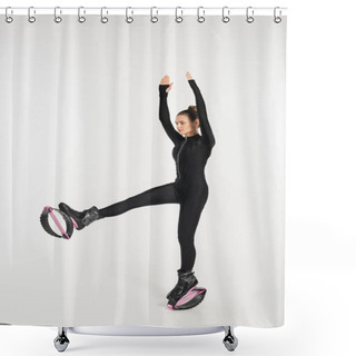 Personality  Workout And Strength, Woman In Jumping Boots Exercising With Raised Hands On White Background, Shower Curtains
