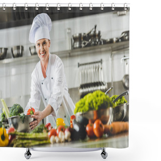 Personality  Smiling Attractive Chef Taking Bowl With Vegetables And Looking At Camera At Restaurant Kitchen Shower Curtains