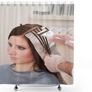 Personality  Professional Male Hairdresser Color Female Customer At Design Salon, Creating Highlights Shower Curtains