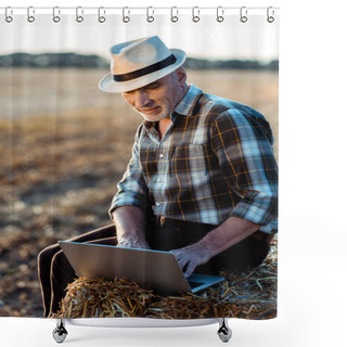 Personality  Happy Self-employed Man Sitting On Bale Of Hay And Typing On Laptop  Shower Curtains