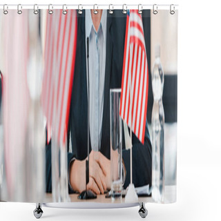 Personality  Panoramic Shot Of Businesswoman Near American Flags On Table  Shower Curtains