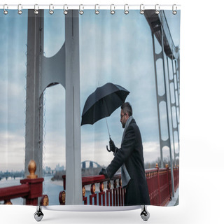 Personality  Handsome Lonely Man With Umbrella Standing On Bridge Shower Curtains