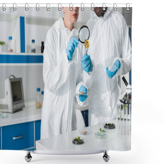 Personality  Cropped View Of Multicultural Biologists Looking At Leaf With Magnifying Glass Shower Curtains