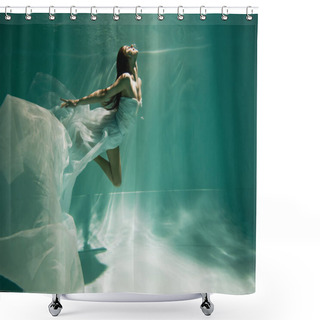 Personality  Brunette Young Woman In Dress Diving In Pool  Shower Curtains