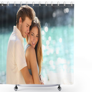 Personality  Couple In Love Hugging On A Tropical Beach Shower Curtains
