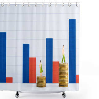 Personality  People Figures On Coins On White Surface With Charts At Background, Concept Of Financial Equality Shower Curtains