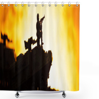 Personality  Battle Scene With Silhouette Of Toy Soldier On Tank With Fire At Background, Panoramic Shot Shower Curtains