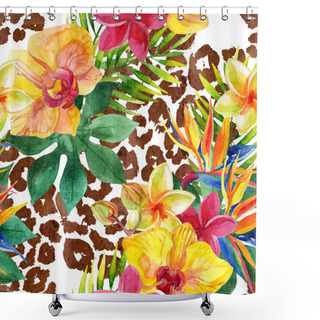 Personality  Tropical Watercolor Flowers And Leaves On Animal Print Shower Curtains
