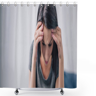 Personality  Panoramic Shot Of Depressed Brunette Woman With Hands On Head At Home Shower Curtains