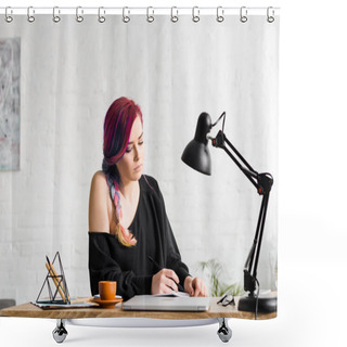 Personality  Attractive Hipster Girl Writing Something While Sitting Behind Table With Laptop, Cup Of Coffee And Lamp Shower Curtains